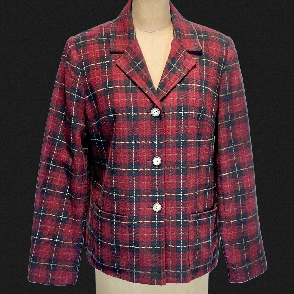 VINTAGE 90s tartan plaid three button‎ blazer jacket suit coat wool blend